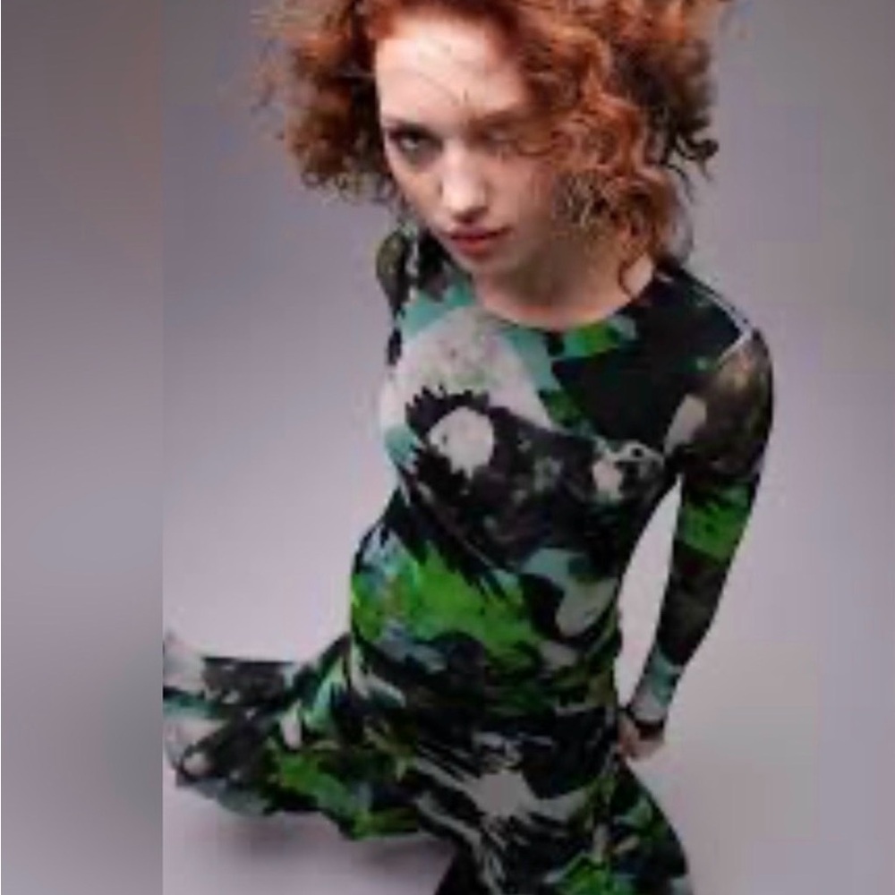 Topshop Abstract Print Long Sleeve Mesh Green and Black Maxi Dress Whimsigoth